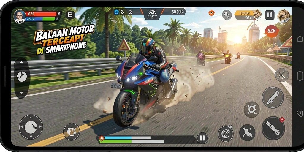 Tampilan gameplay 8ZK yang mendebarkan saat balapan motor.