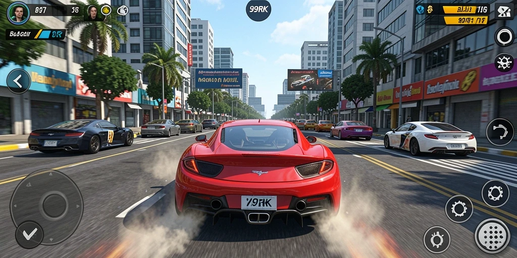 Screenshot gameplay 99RK menampilkan aksi balapan mobil yang seru.