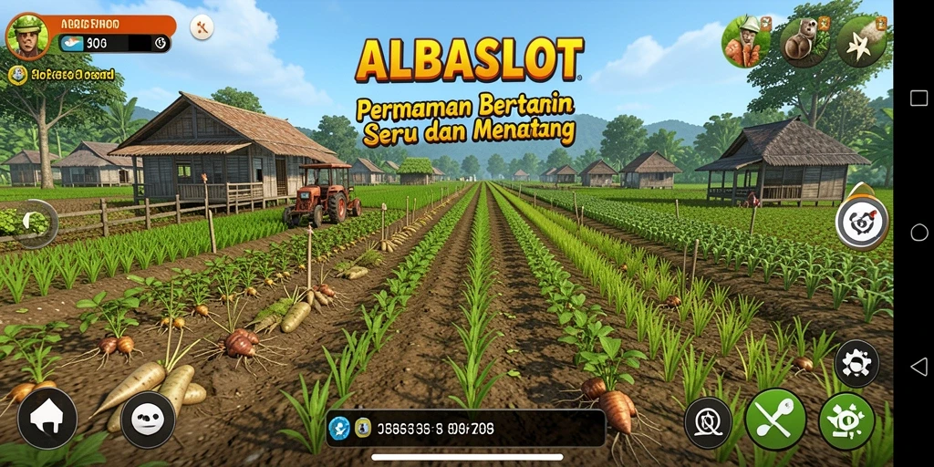 Tampilan screenshot gameplay ALBASLOT menunjukkan ladang yang subur dan beragam tanaman.