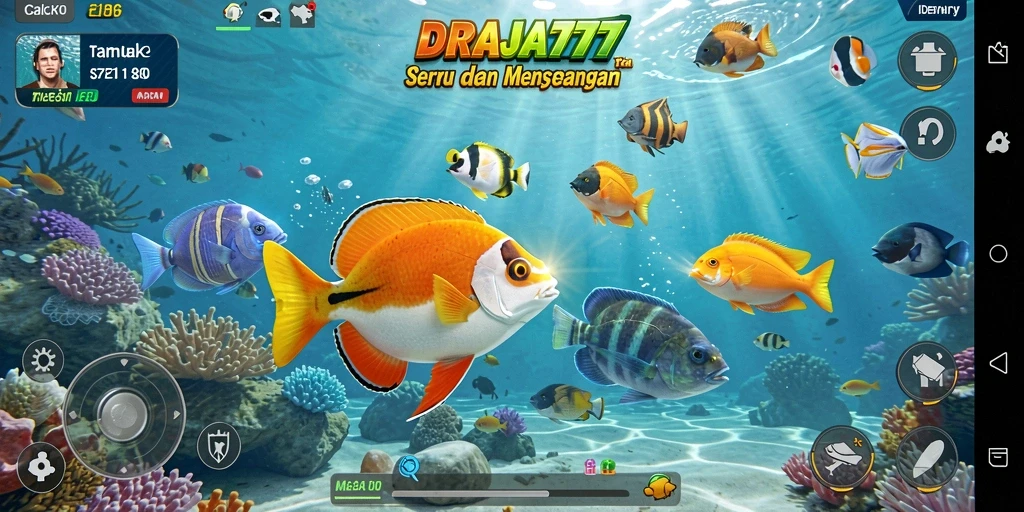 Gameplay seru DRAJA777 saat menembak ikan-ikan berwarna-warni.