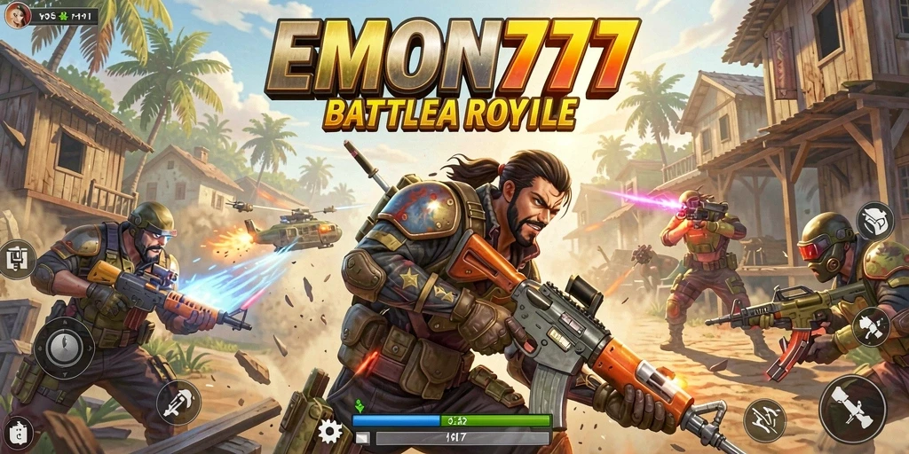 Screenshot gameplay EMON777 menunjukkan aksi Battle Royale yang intens.