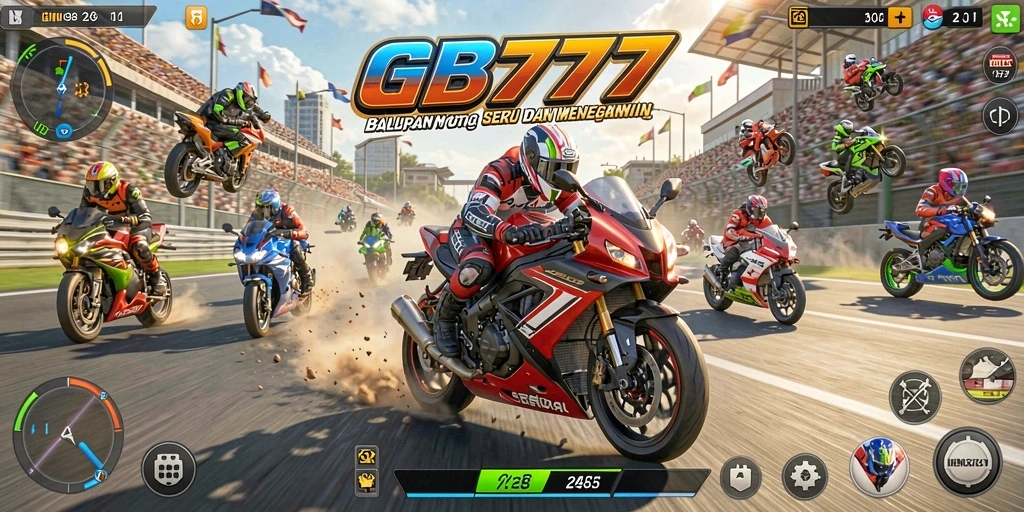 Screenshot gameplay GB777 menampilkan aksi balapan motor yang mendebarkan.