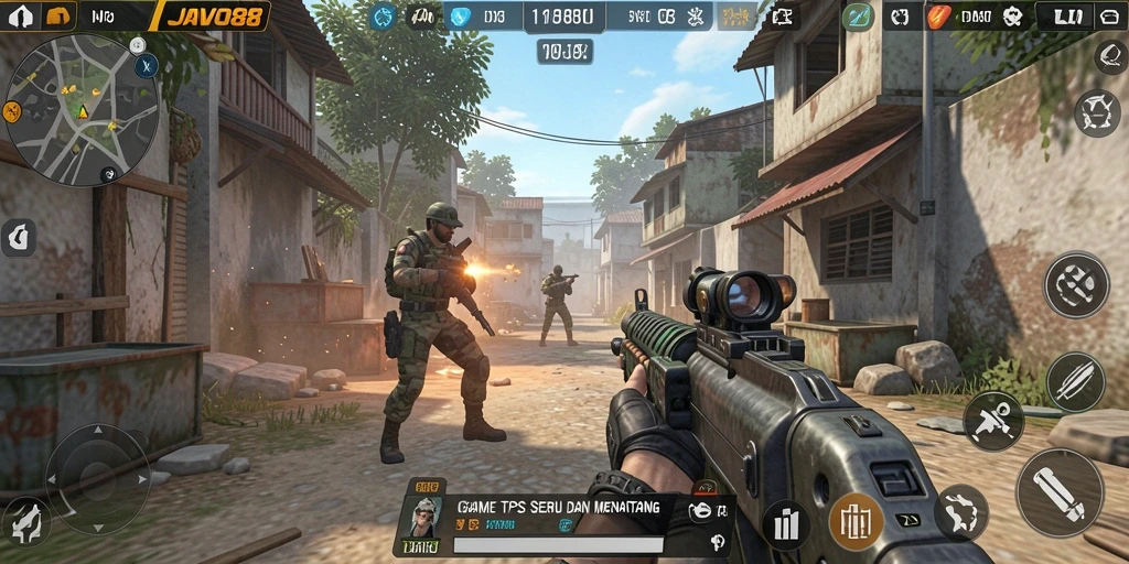 Screenshot utama <strong>JAVO88</strong> menampilkan aksi intens dalam gameplay TPS.