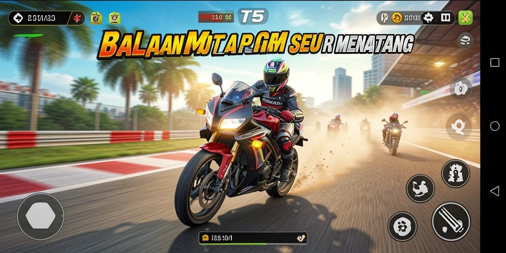 Tampilan gameplay T6 dengan aksi balapan motor yang mendebarkan.