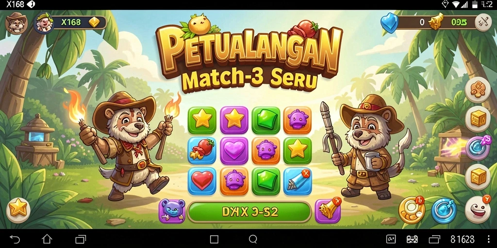 Screenshot menampilkan gameplay Match-3 yang penuh warna dan interaktif.
