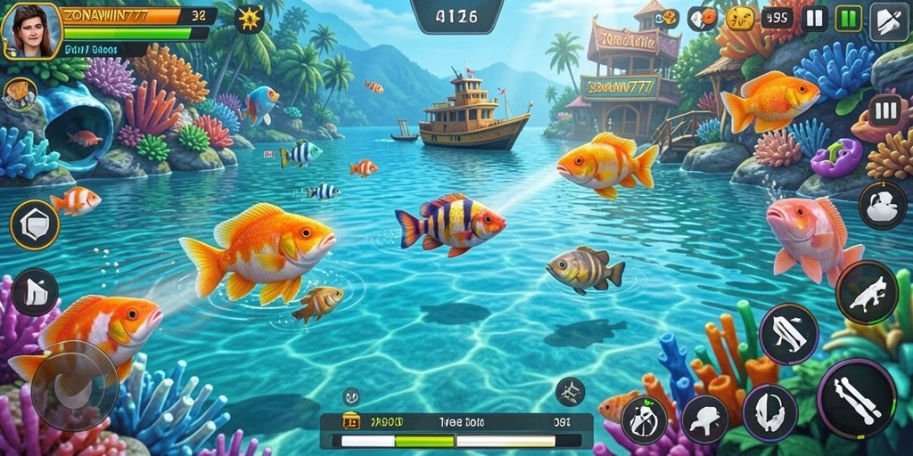 Screenshot gameplay ZONAWIN777 menampilkan aksi menembak ikan yang seru.